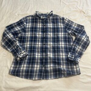 Lands End Womens Blue White Plaid Ruffle Collar Flannel Shirt Petite Medium